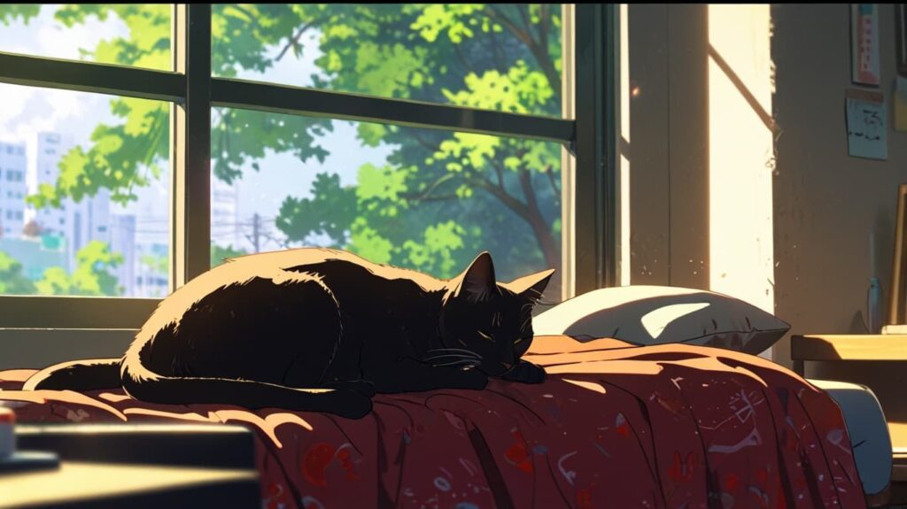 朝の窓辺と黒猫