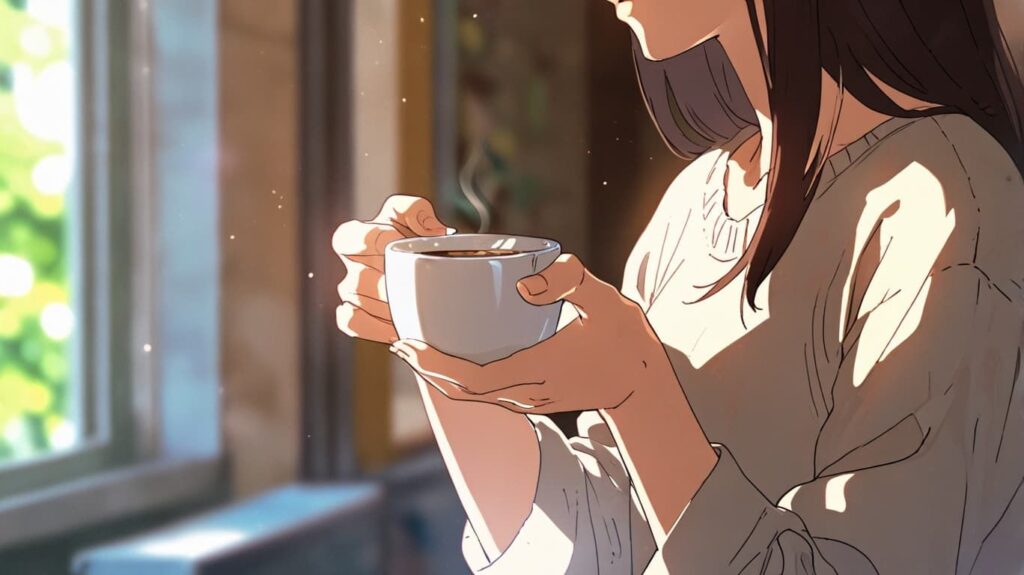 朝の窓辺とコーヒーの手元