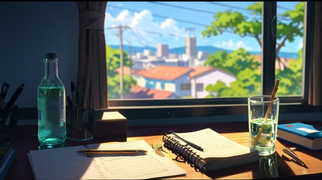 ノートと水のある整ったデスク
