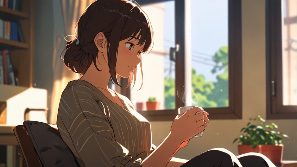 窓辺で本とコーヒーを楽しむ女性