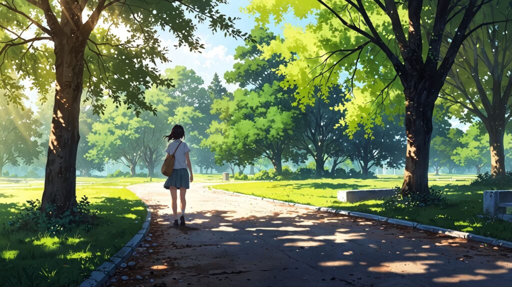 ゆっくり朝を歩く女性
