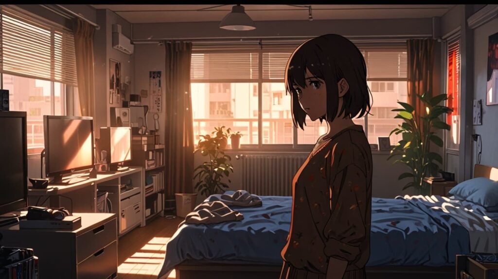 散らかった部屋と疲れた女性