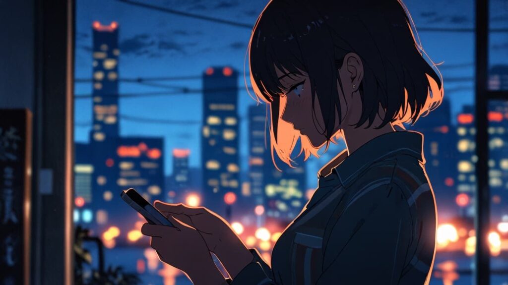 スマホを見る疲れた女性の夜