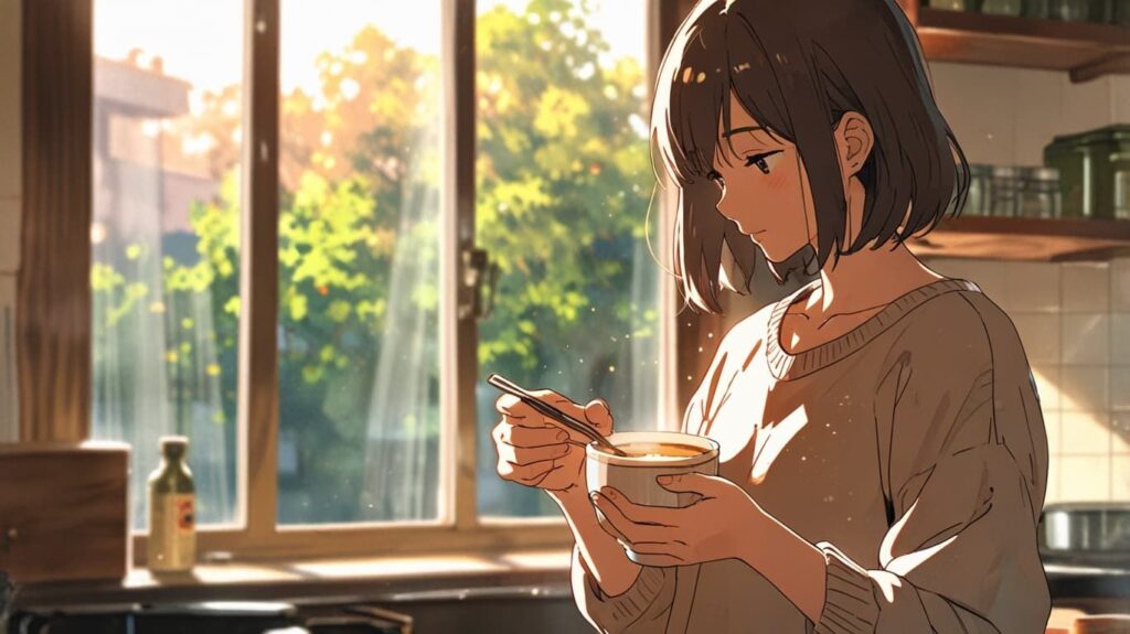 朝の温かいスープを包む手
