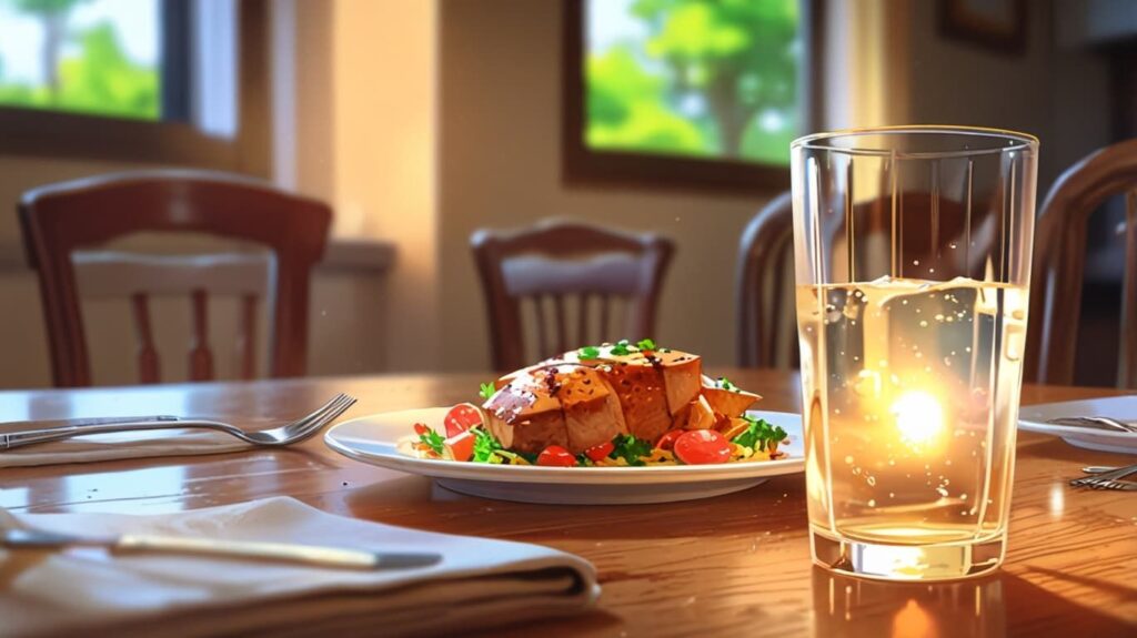 食事前の水と落ち着いた食卓