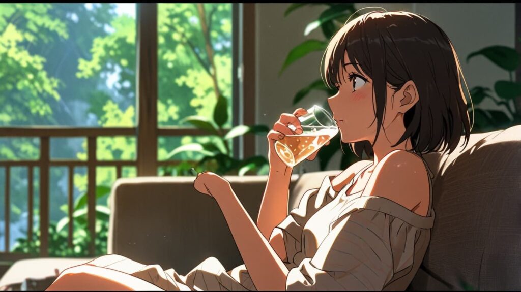 窓辺で水を飲むリラックスした女性