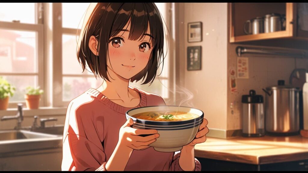 スープとほほえむ女性