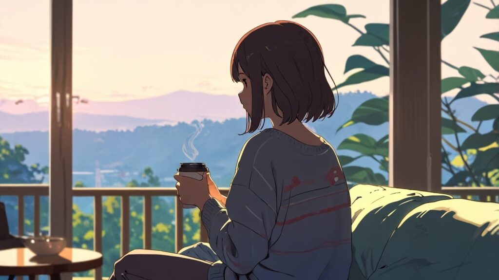 コーヒーと共にくつろぐ女性