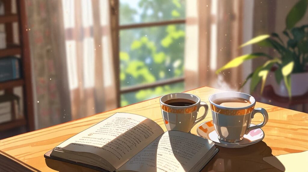 アンティーク本と朝のコーヒー光