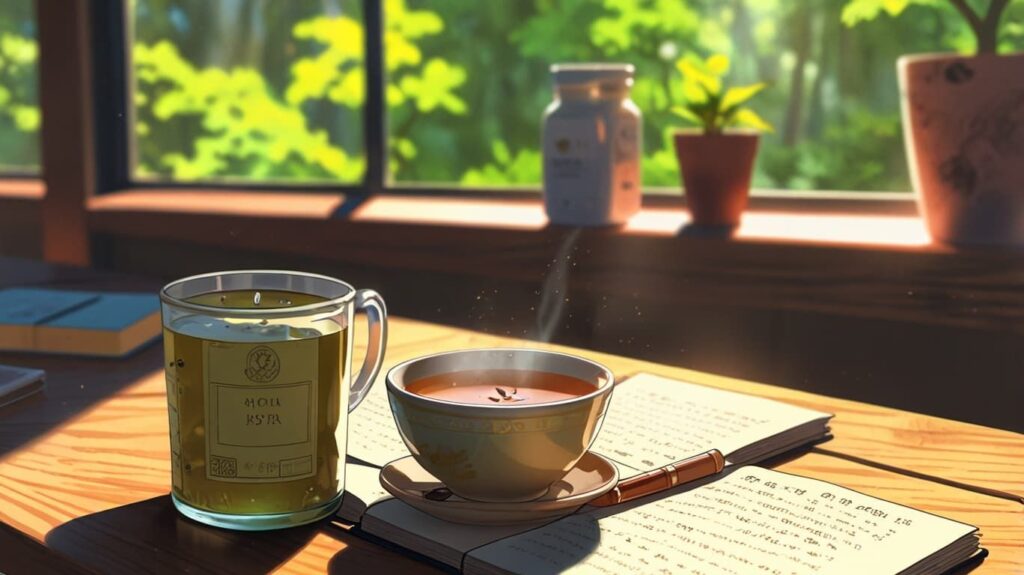 バスソルトとメモとお茶のあるテーブル