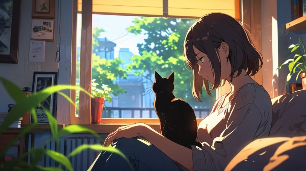 黒猫と窓辺の朝