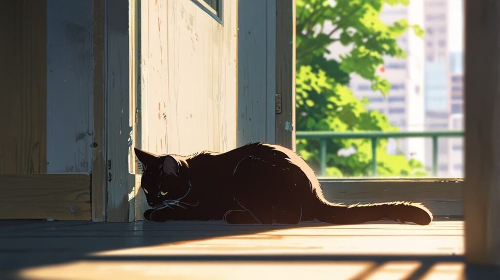 窓辺で丸くなる黒猫の朝