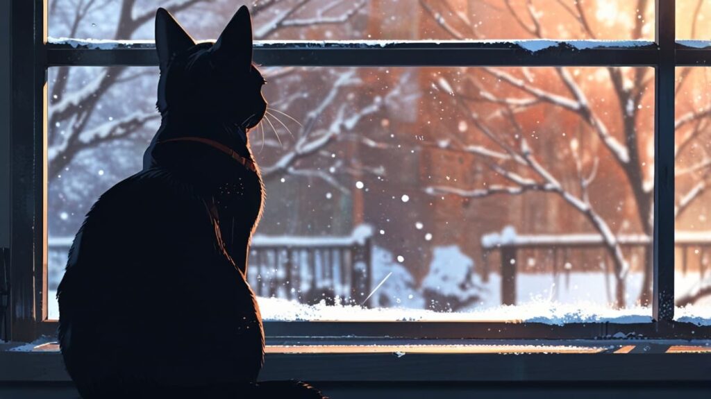 雪を見つめる黒猫