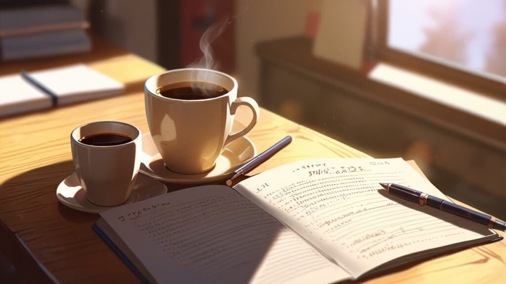 コーヒー記録と複数のカップ