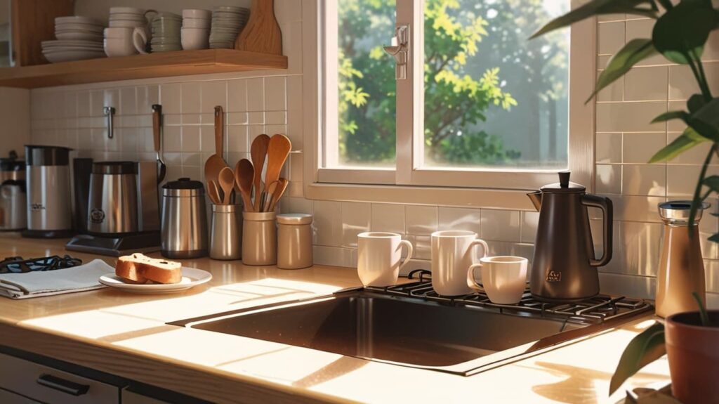 朝のキッチンに並ぶコーヒー道具
