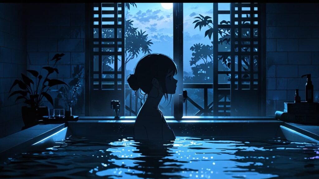 月明かりの中でくつろぐ女性のシルエット