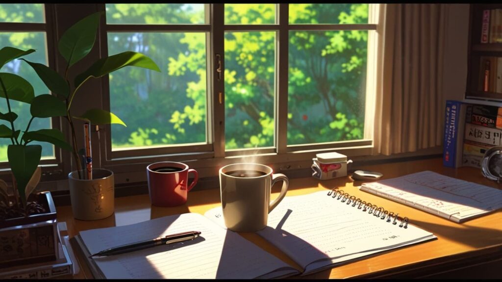 朝のデスクとノートとコーヒー