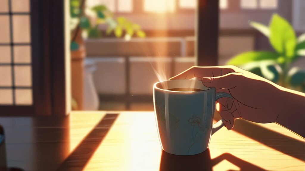 朝のマグカップの取っ手に触れる瞬間