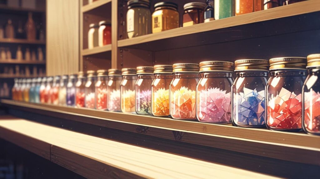 棚に並ぶナチュラルなバスソルト瓶