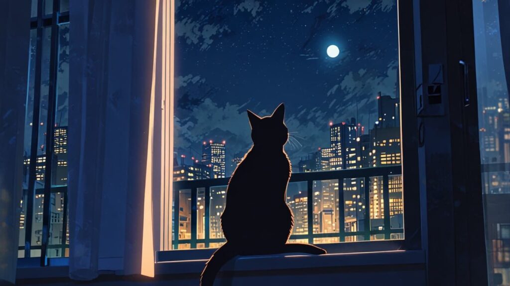 夜の窓辺とカーテンと猫のシルエット