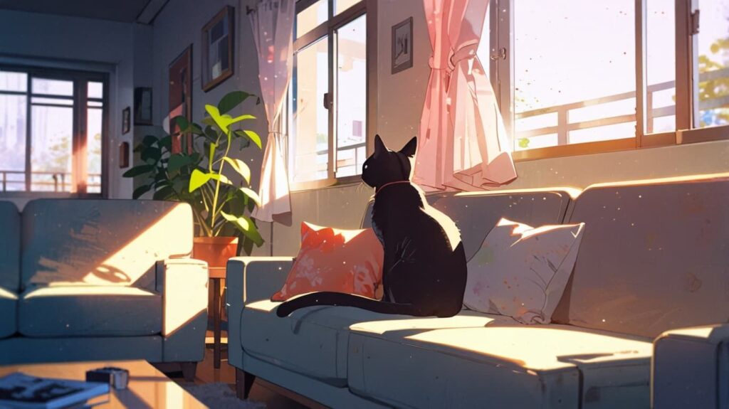 静かな朝の光と黒猫