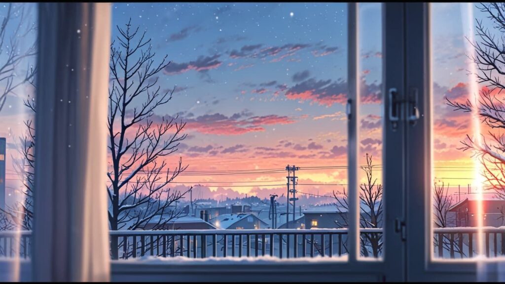  静かな雪の朝、窓辺の風景