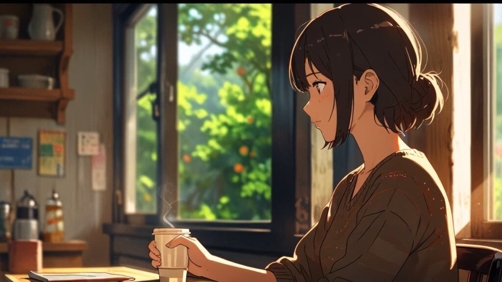 窓辺でコーヒーを飲む朝