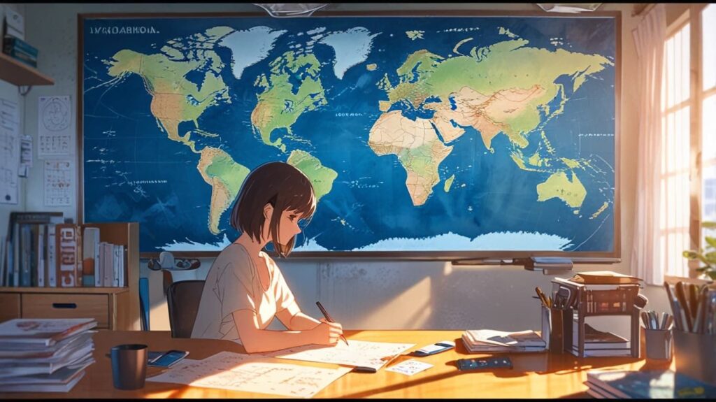 世界地図とコーヒーの視野