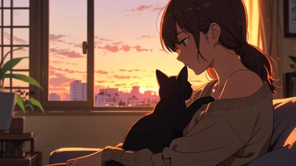 夕方の窓辺と黒猫