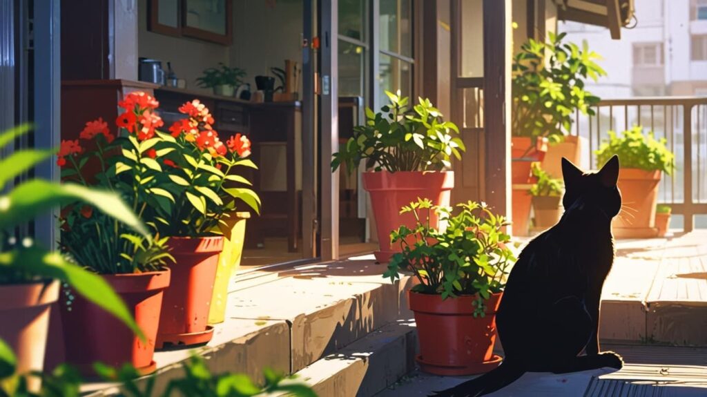 朝の光とベランダの黒猫