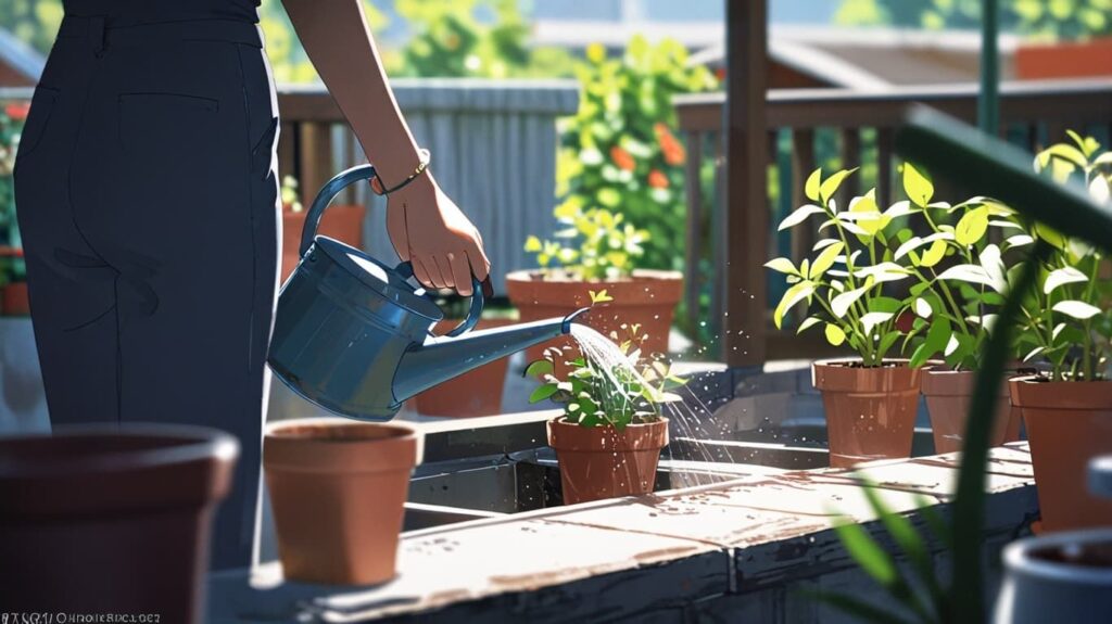 朝のベランダで植物に水やり