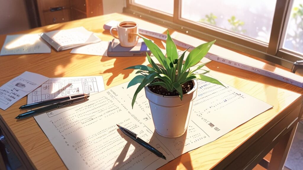 メモと小さな植物