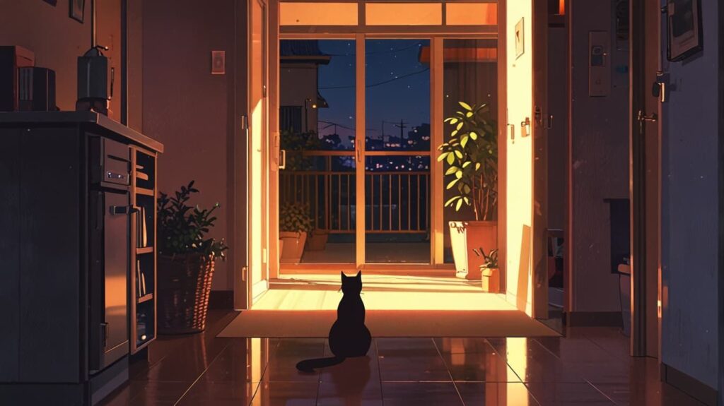 静かな夜の家と猫の温もり