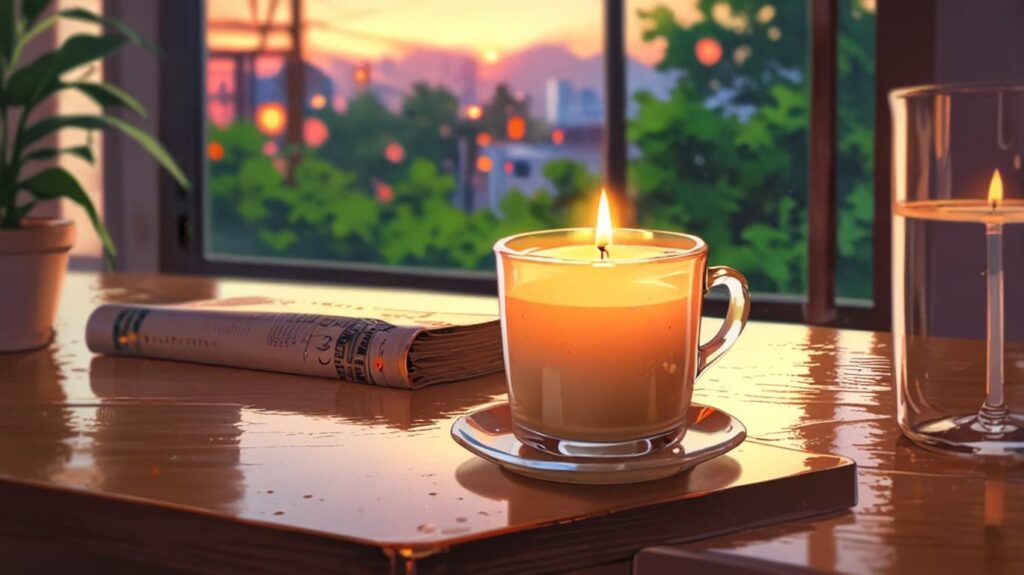 窓辺のキャンドルとコーヒーの光