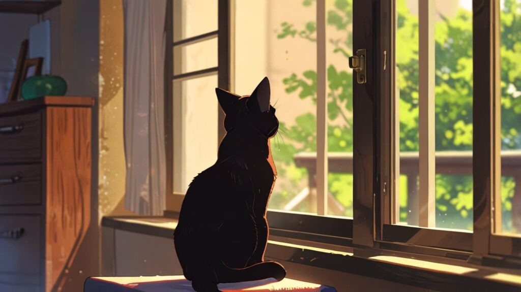 窓辺の黒猫とやわらかな光
