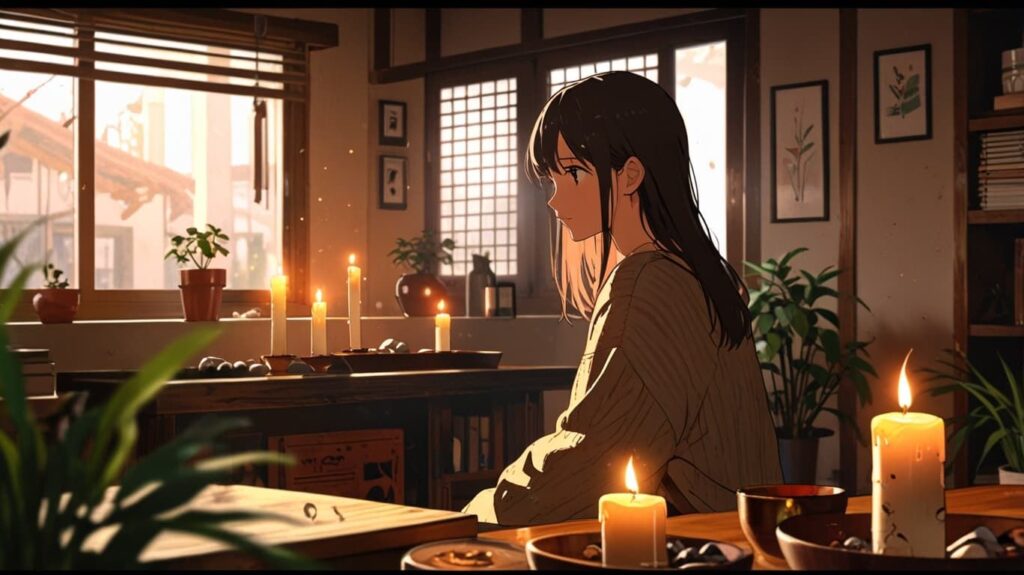 女性とキャンドル空間