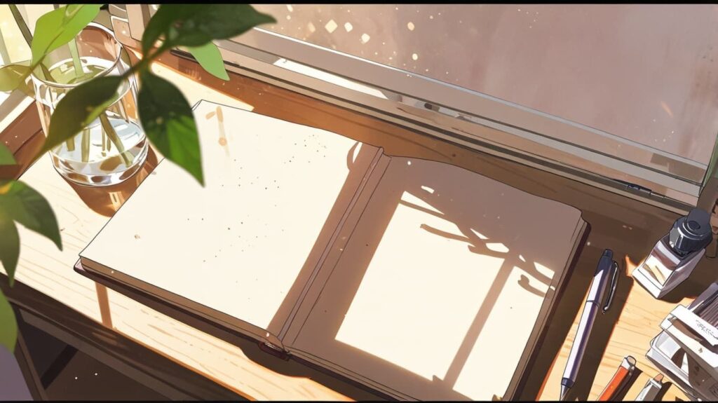 ノートの1ページ目と朝の光