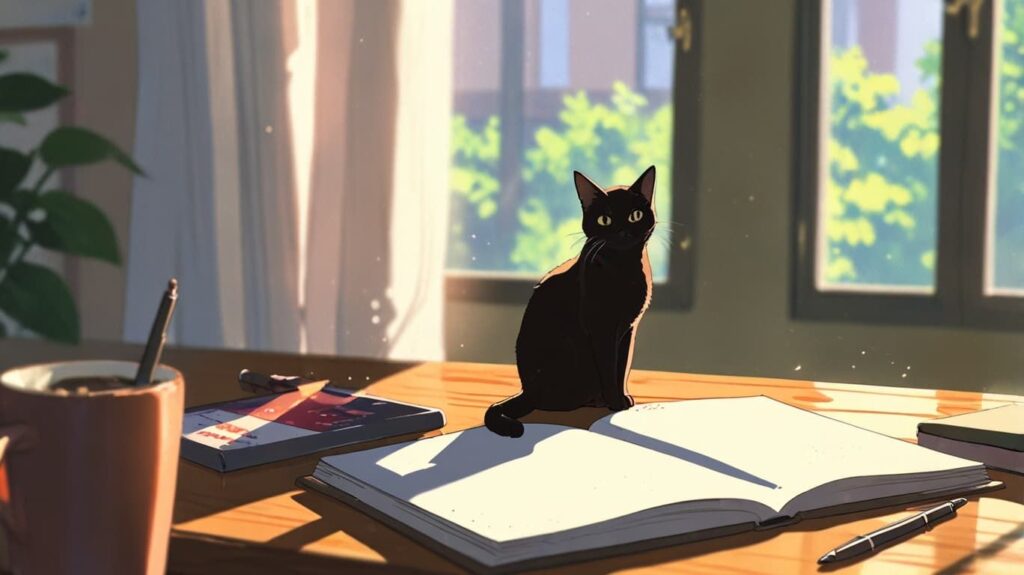 朝の窓辺とノートとコーヒーと猫