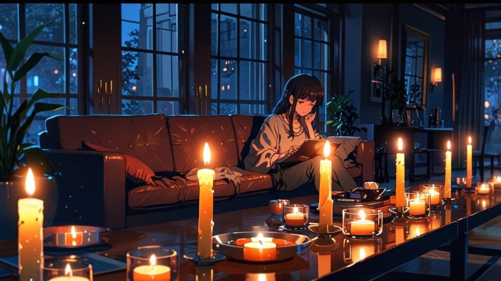 複数キャンドルの夜のリビング