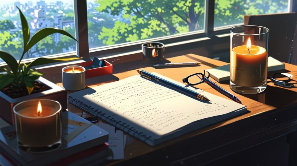 窓辺 ノートとキャンドル