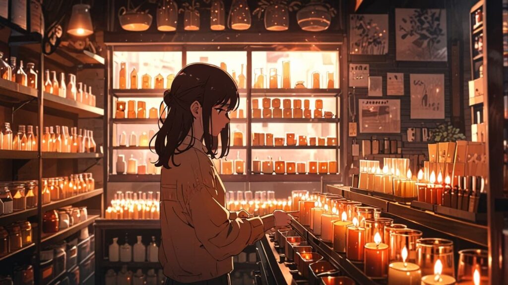 キャンドルを選ぶ女性 店内